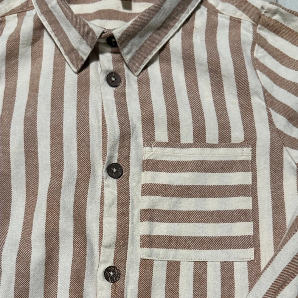 Rylee & Cru Striped Brown & Cream Boys Button-Up Shirt Long Sleeve  size 12-14y